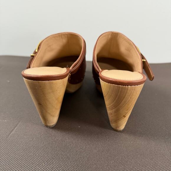 Veronica Beard Hendrix Clogs Brown Leather Chunky Platform Wooden Heel Size 7.5M - Picture 5 of 13